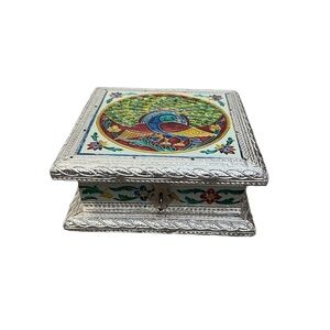 Printed Metallic Silver peacock Meenakari Dry Fruit Box, jewelry box